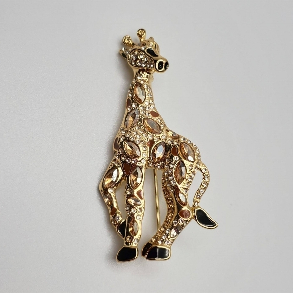 Vintage Large Gold-tone Pave Rhinestone Giraffe Brooch Black Enamel Accents - Picture 4 of 7